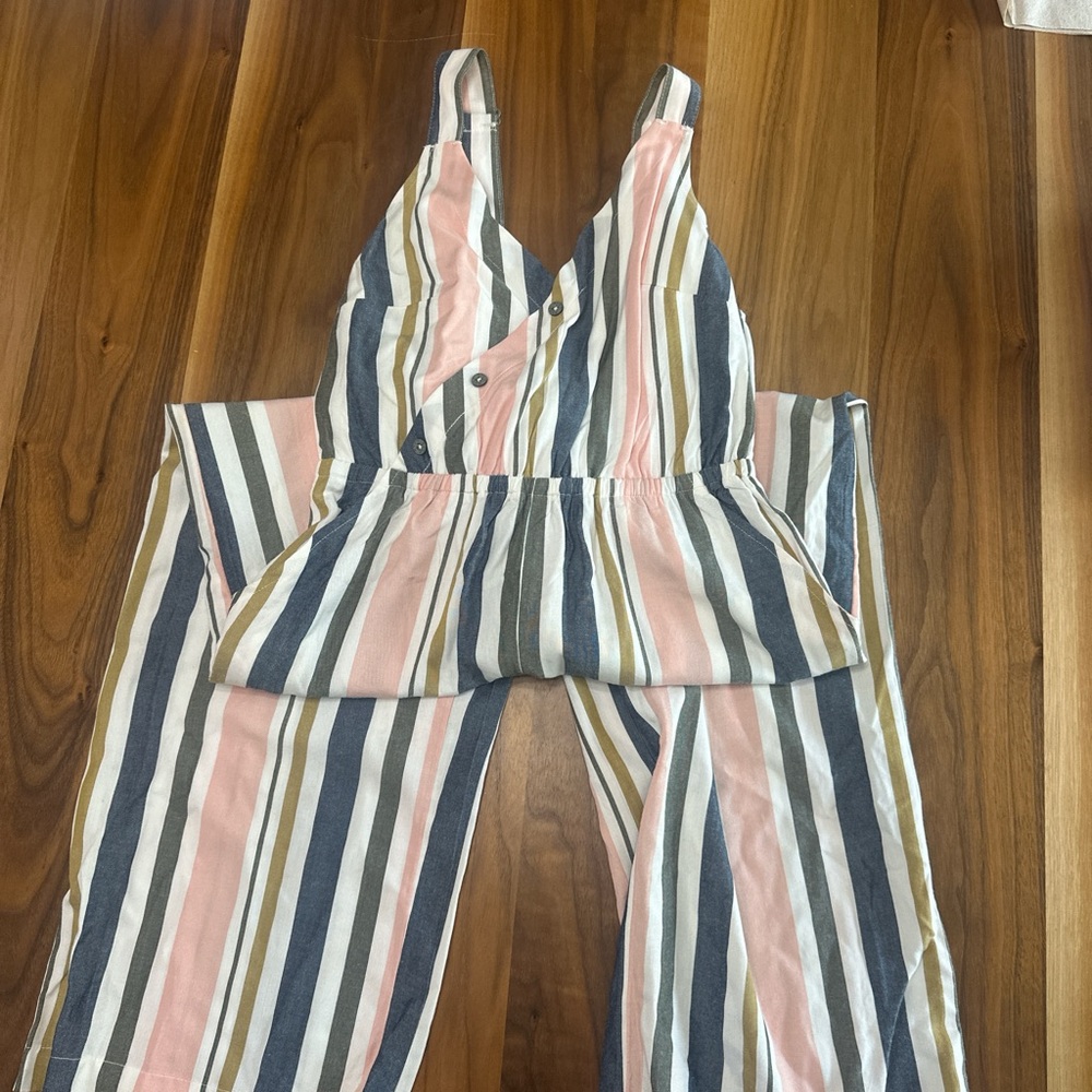 RVCA Pink and Blue Striped Jumpsuit Casual Summer beach Style